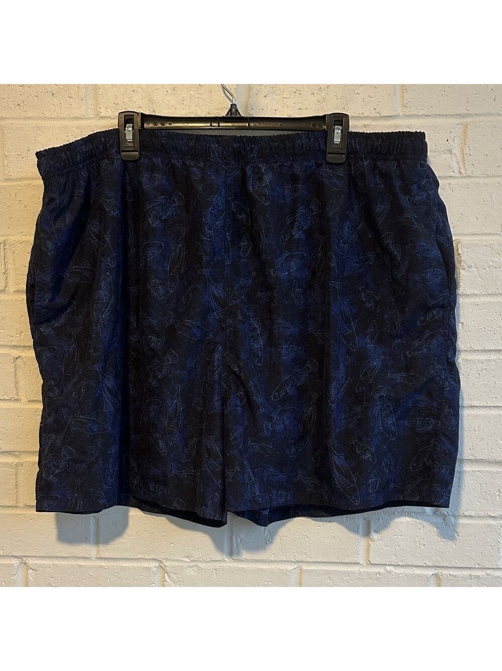 Trader Bay Blue Swim Trunks Pale Blue Fish Print Elastic Drawcord Waist 2XL NWOT